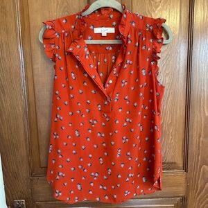 LOFT Red Floral Ruffle Sleeve Blouse